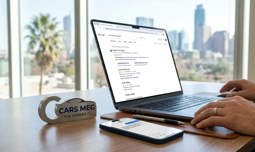 Professional Austin office desk with laptop showing Google search results and smartphone showing AI car dealer recommendation.