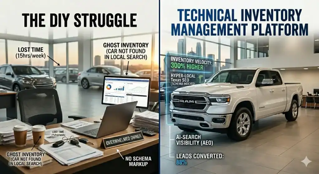 Realistic split-screen visualization contrasting a confused DIY car dealer with a successful dealership optimized by CarsMeg.