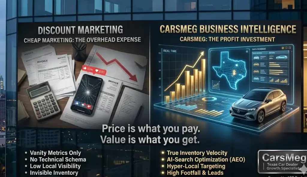 Realistic digital marketing ROI comparison for Texas car dealerships showing inventory intelligence vs basic social media.