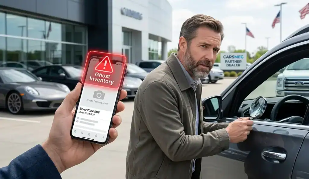 A hand holding a smartphone displaying a car dealership listing with a bright red holographic warning overlay that reads 'GHOST INVENTORY'. In the background, a man is seen professionally inspecting a car at a dealership lot.